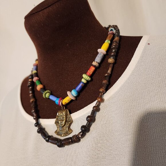 Hand Crafted Necklace King Tut Charm 2 Strands Brown Blue Beads - Picture 6 of 6